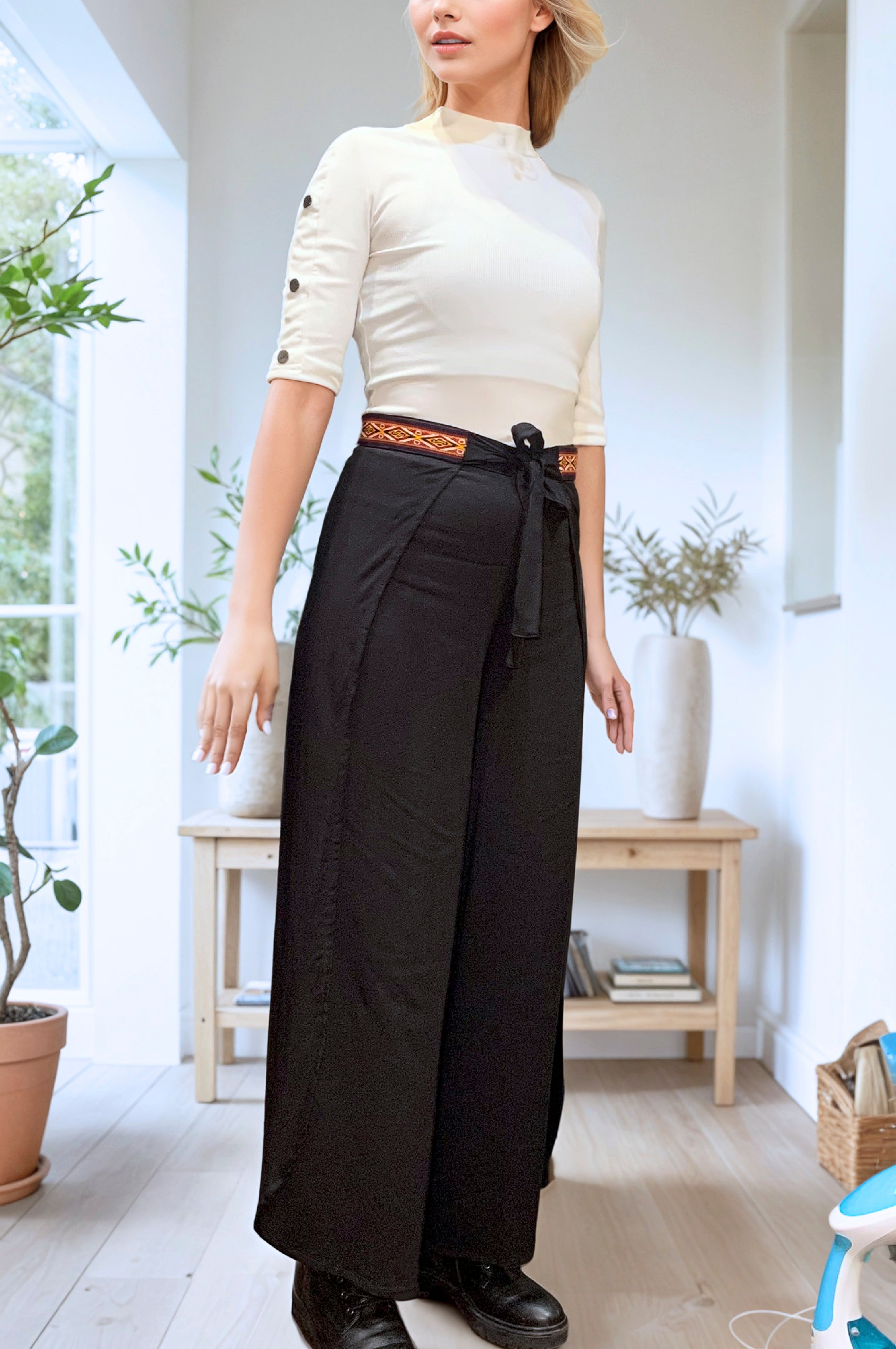 Black adjustable wrap trousers