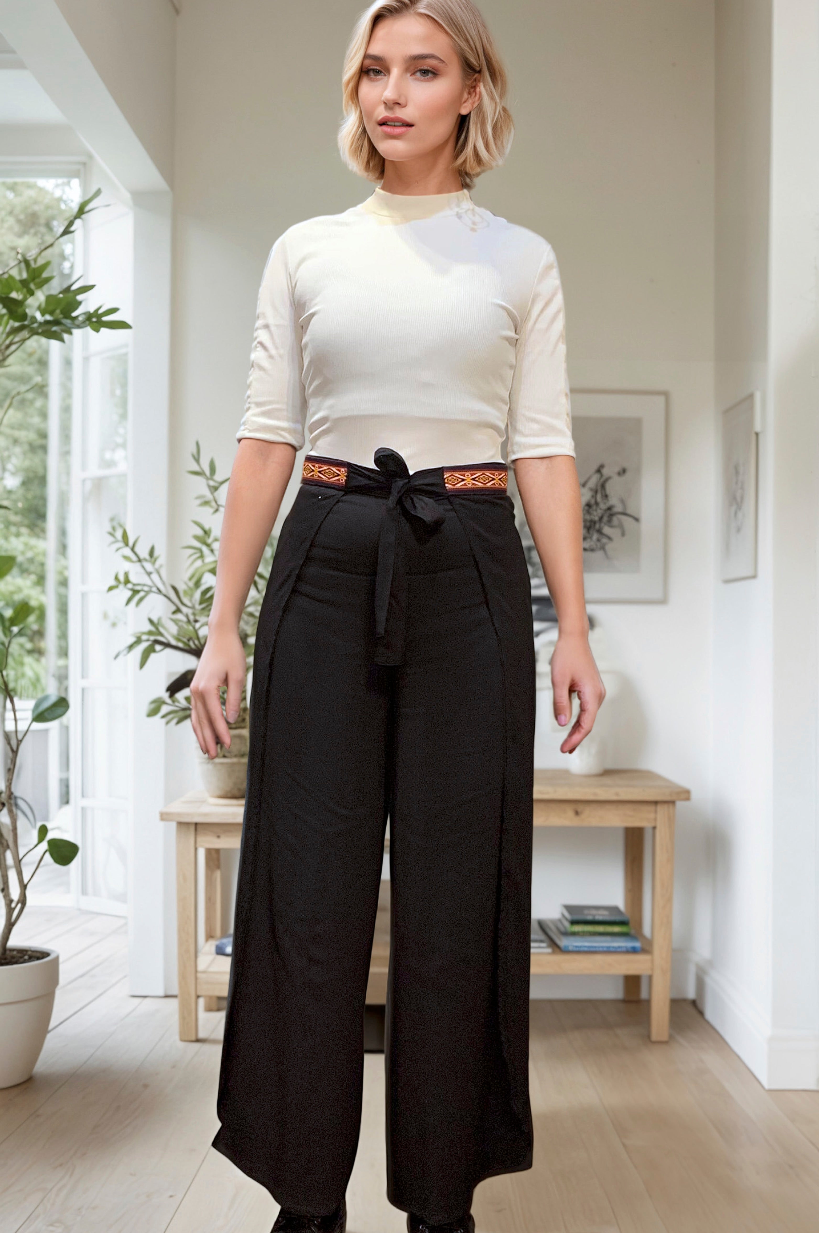 Black adjustable wrap trousers