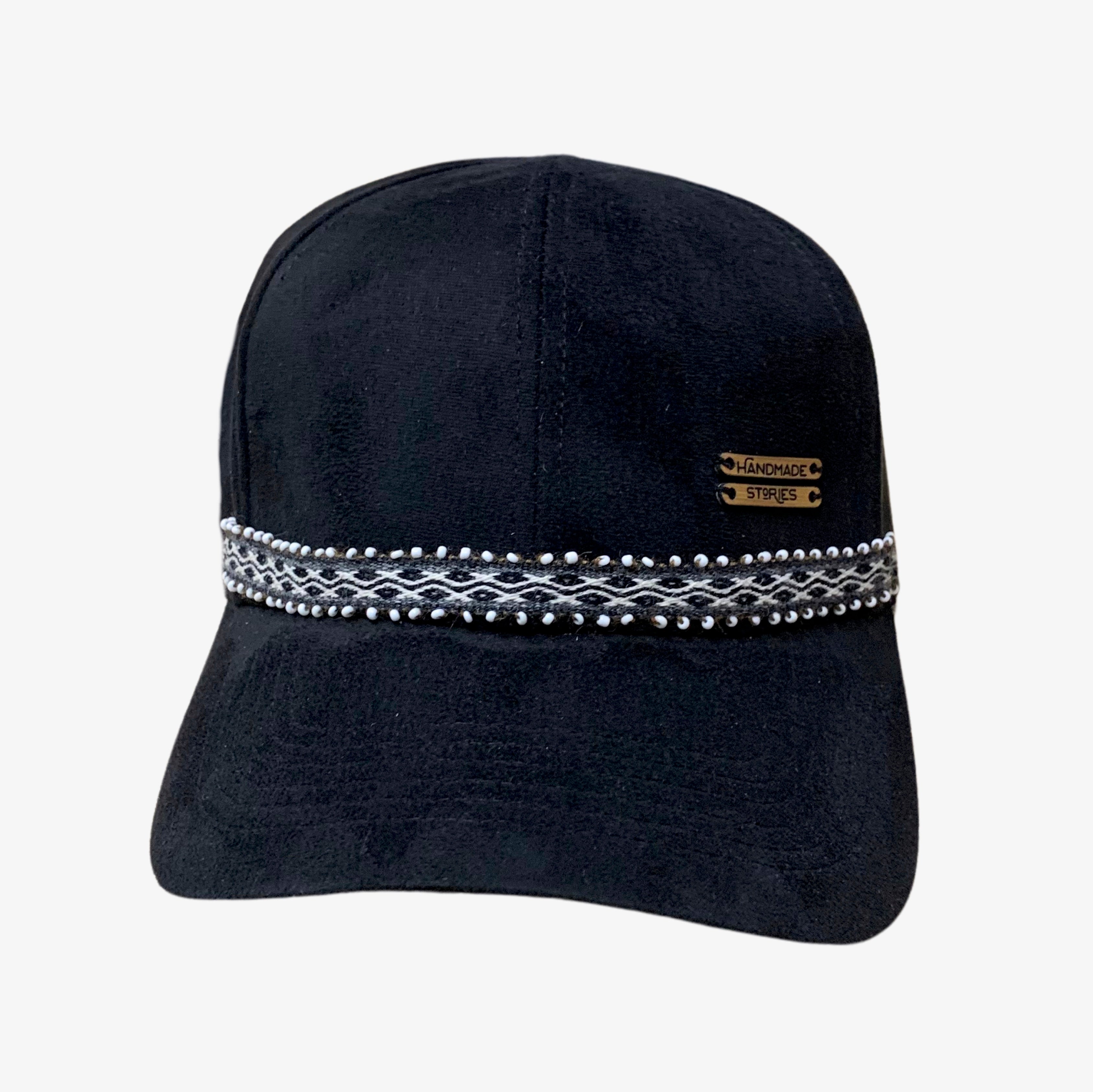 Black suede cap with Andean motifs