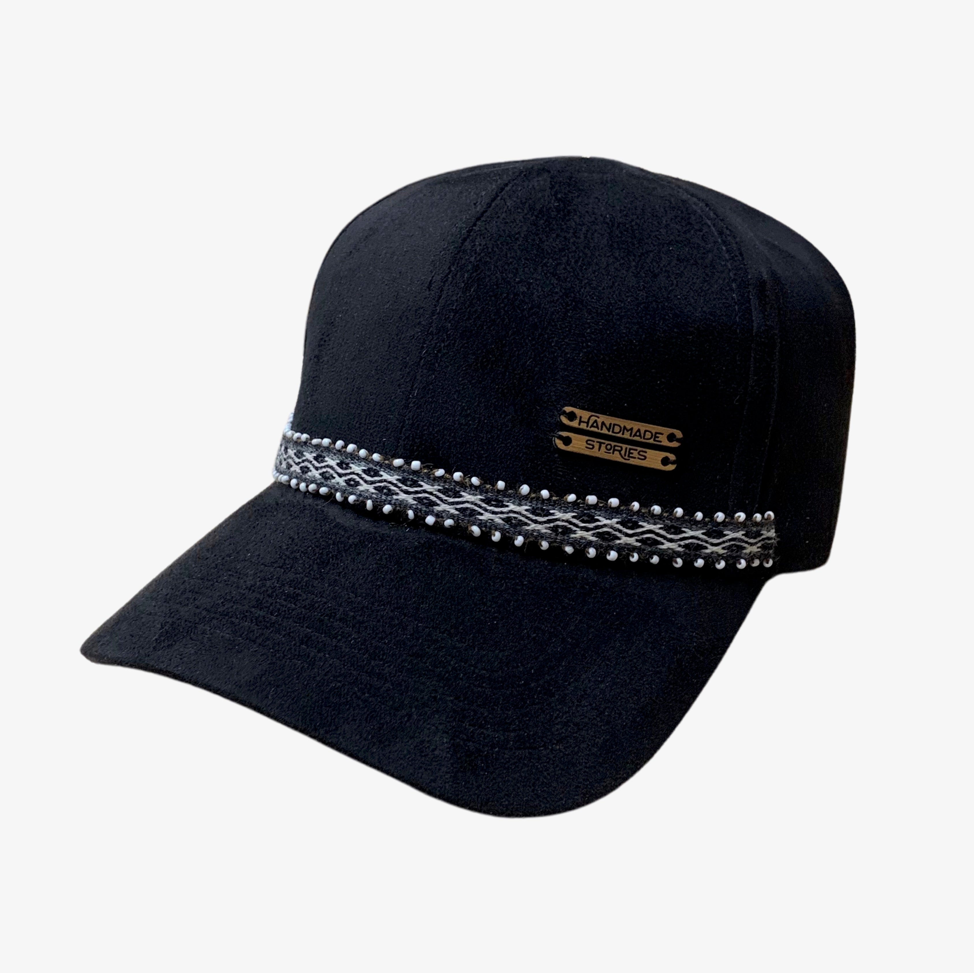 Black suede cap with Andean motifs