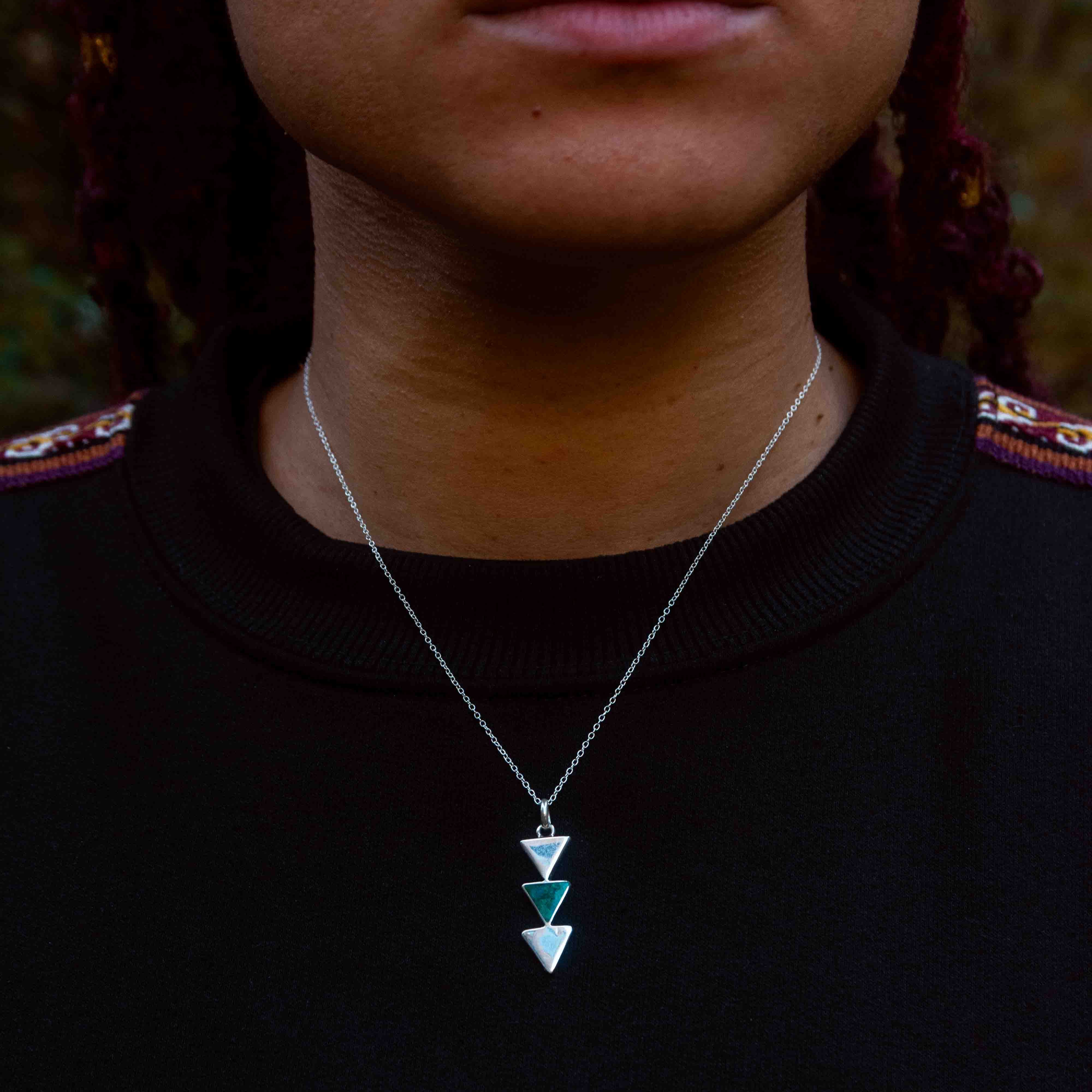 Chrysocolla three triangles Peruvian silver 950 necklace