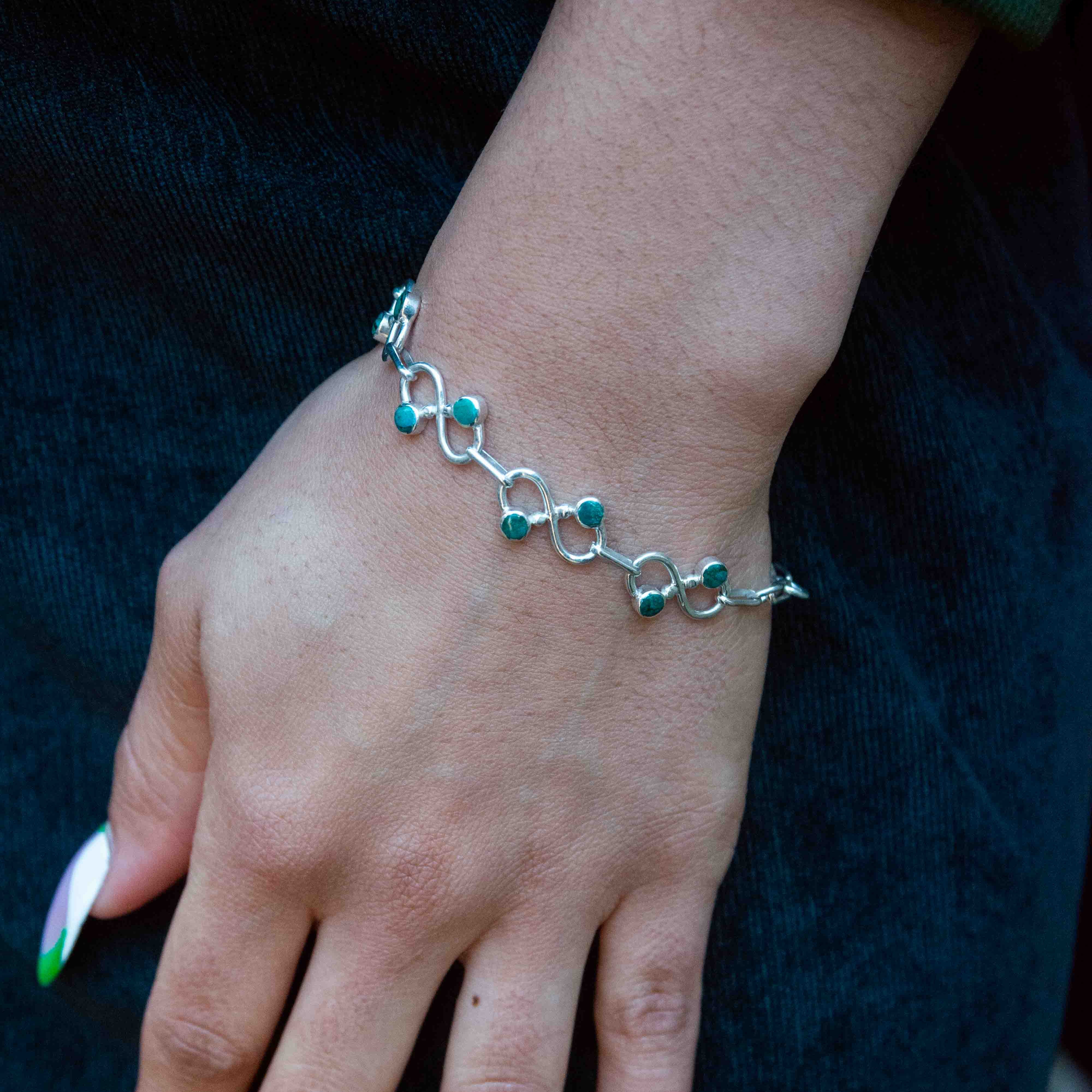 Chrysocolla and silver 950 infinity bracelet