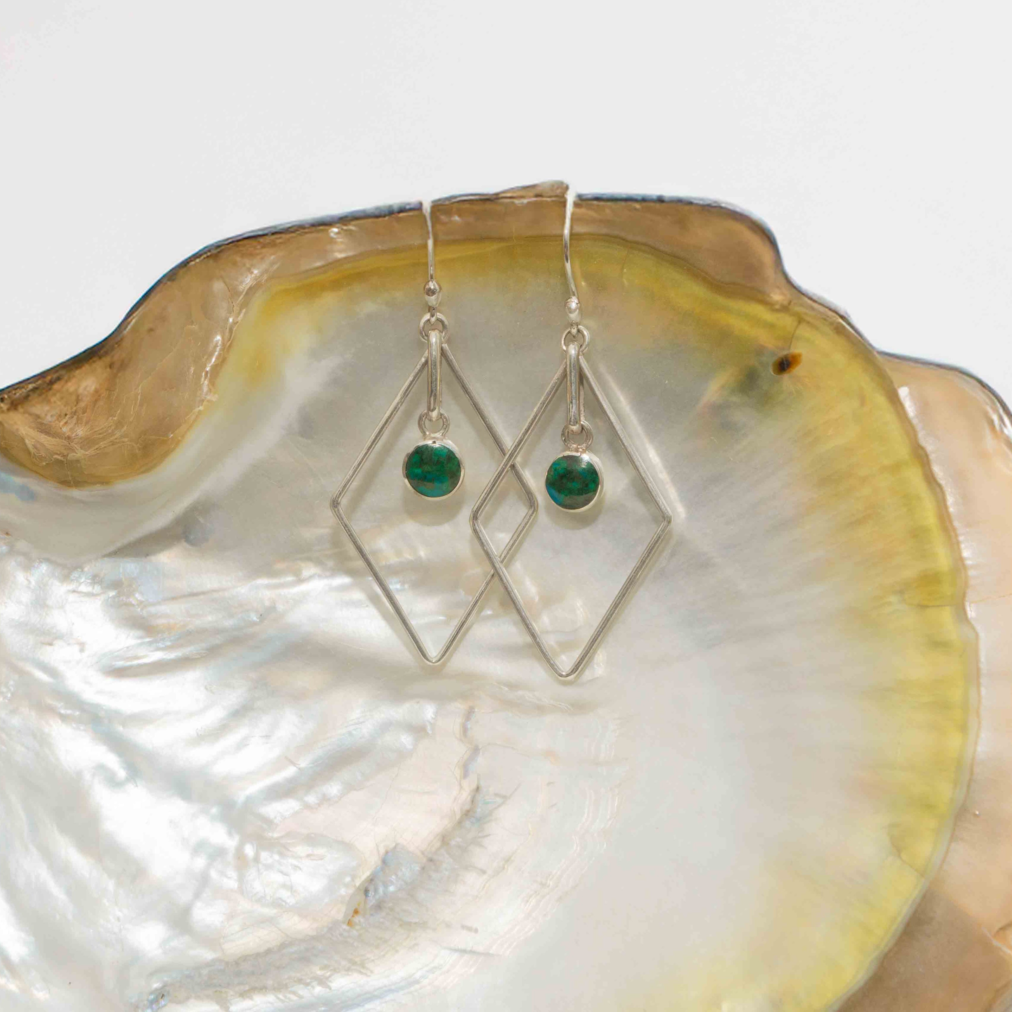 Chrysocolla and silver 950 rhombus drop earrings