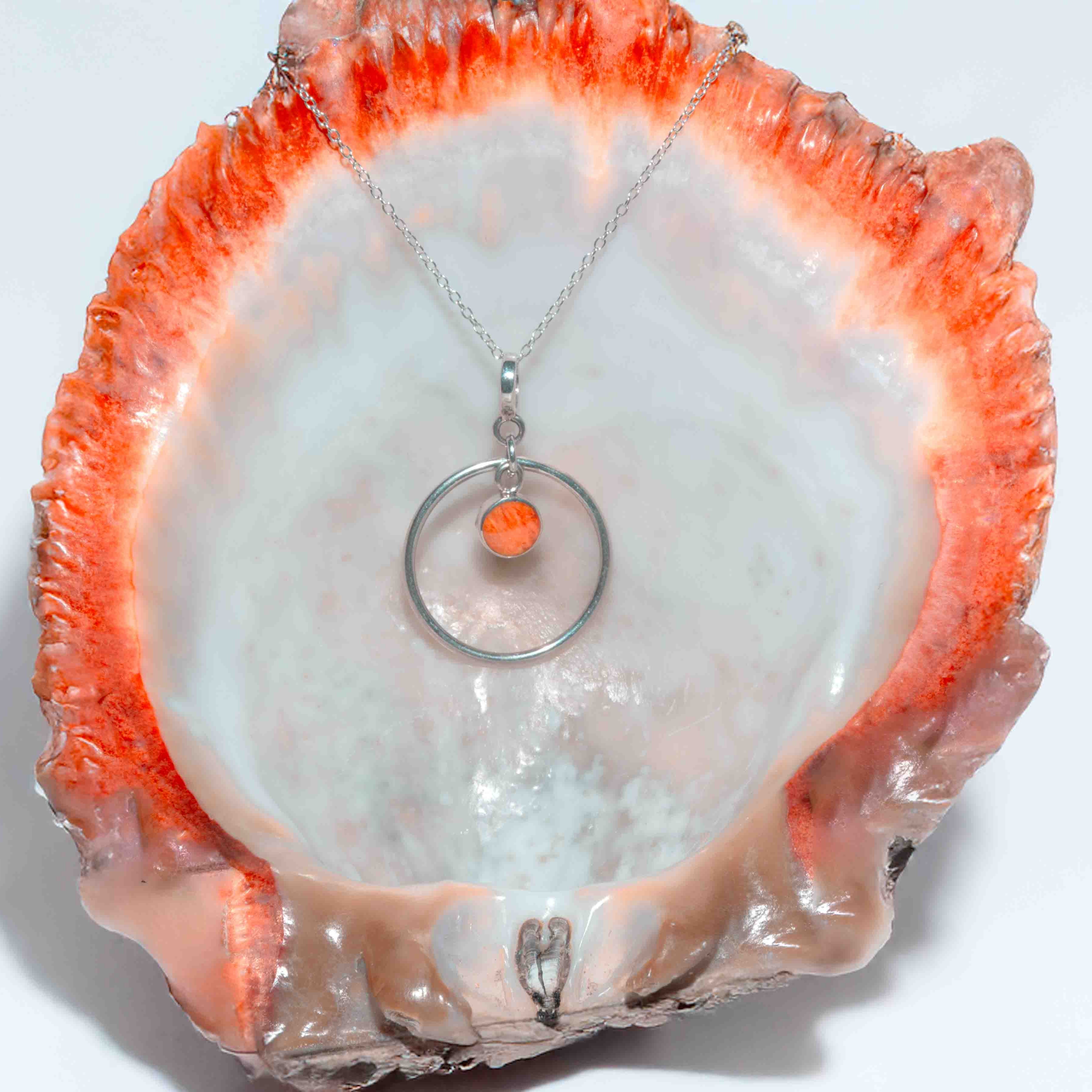 Orange spondylus and silver 950 circle drop necklace