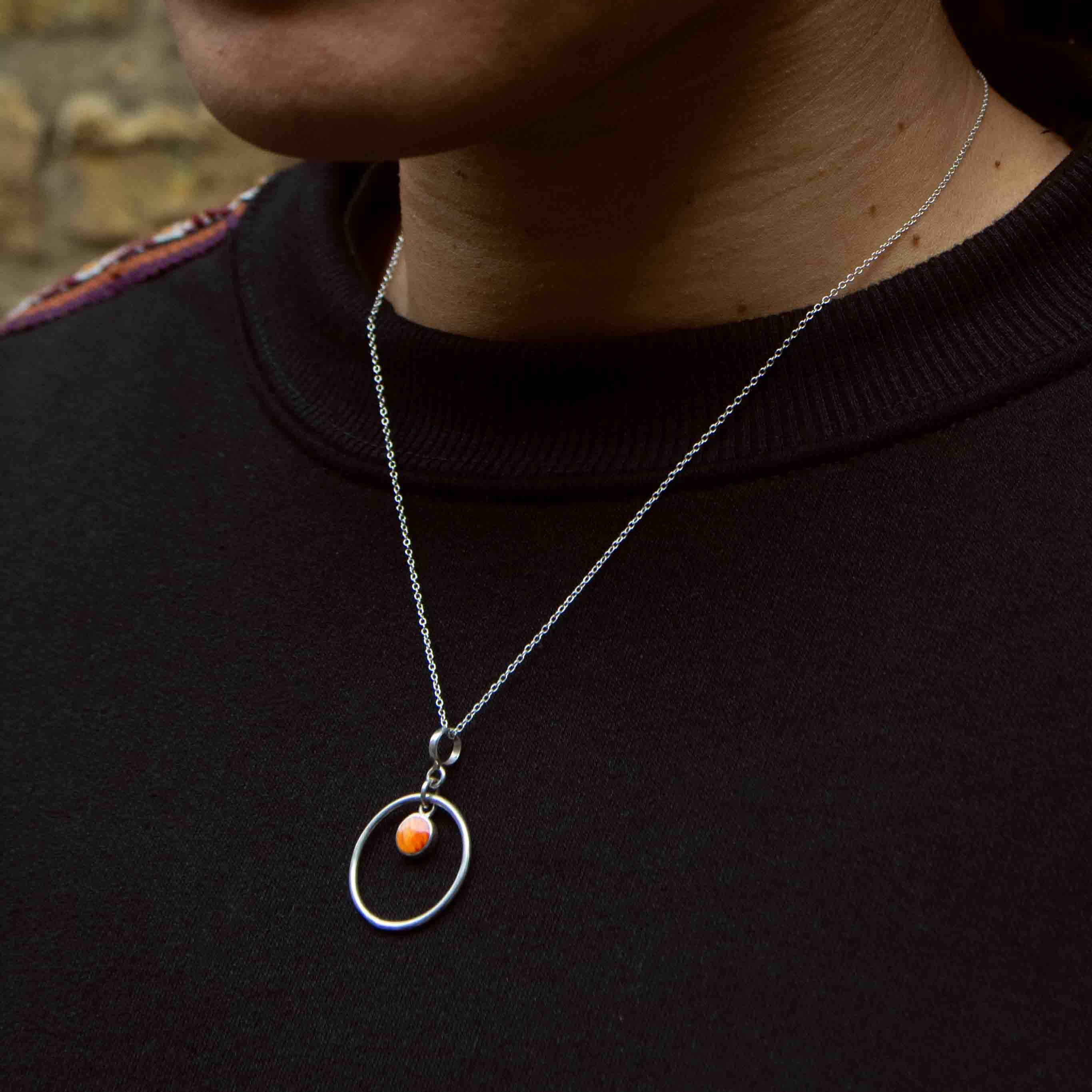 Orange spondylus and silver 950 circle drop necklace