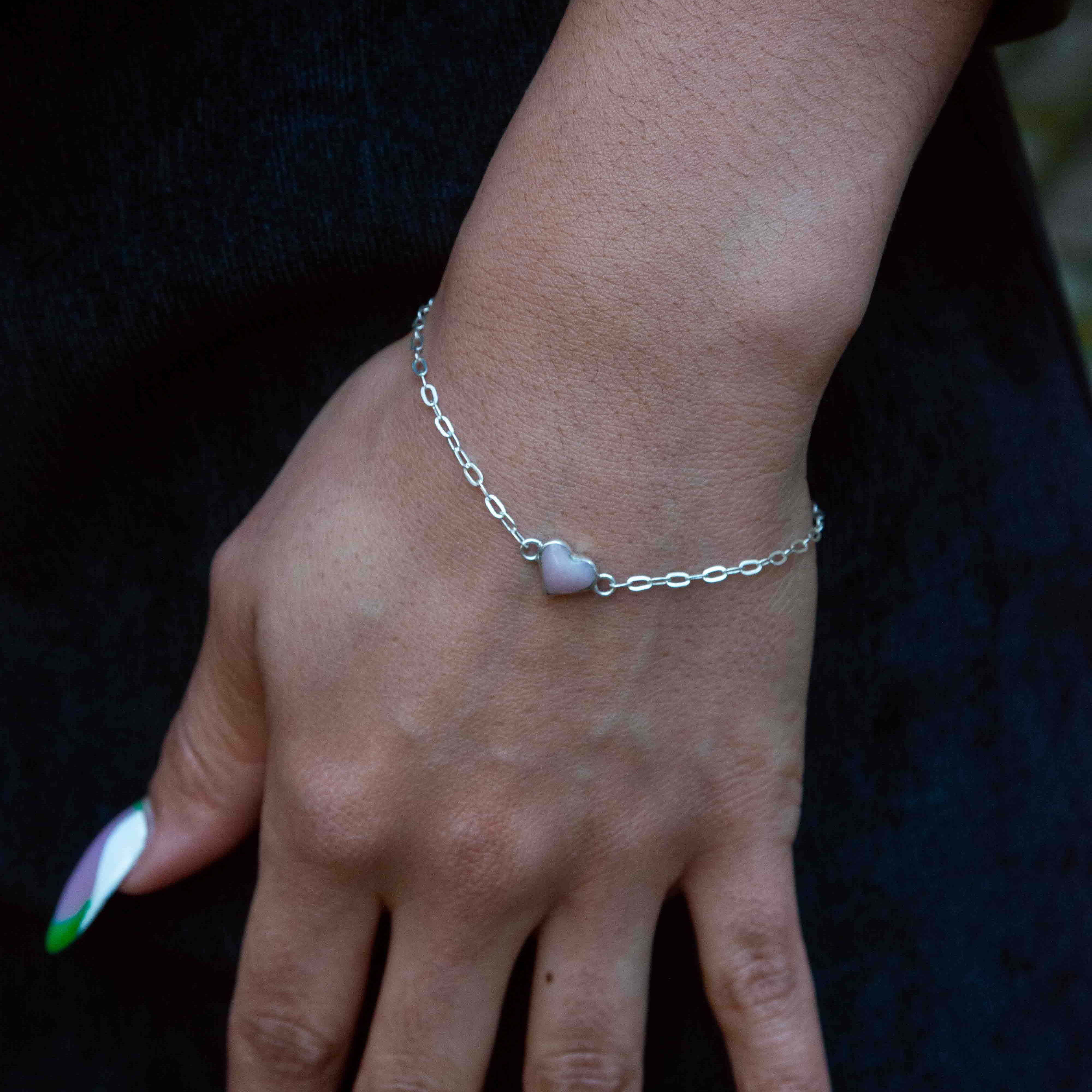 Pink opal and silver 950 heart chain bracelet