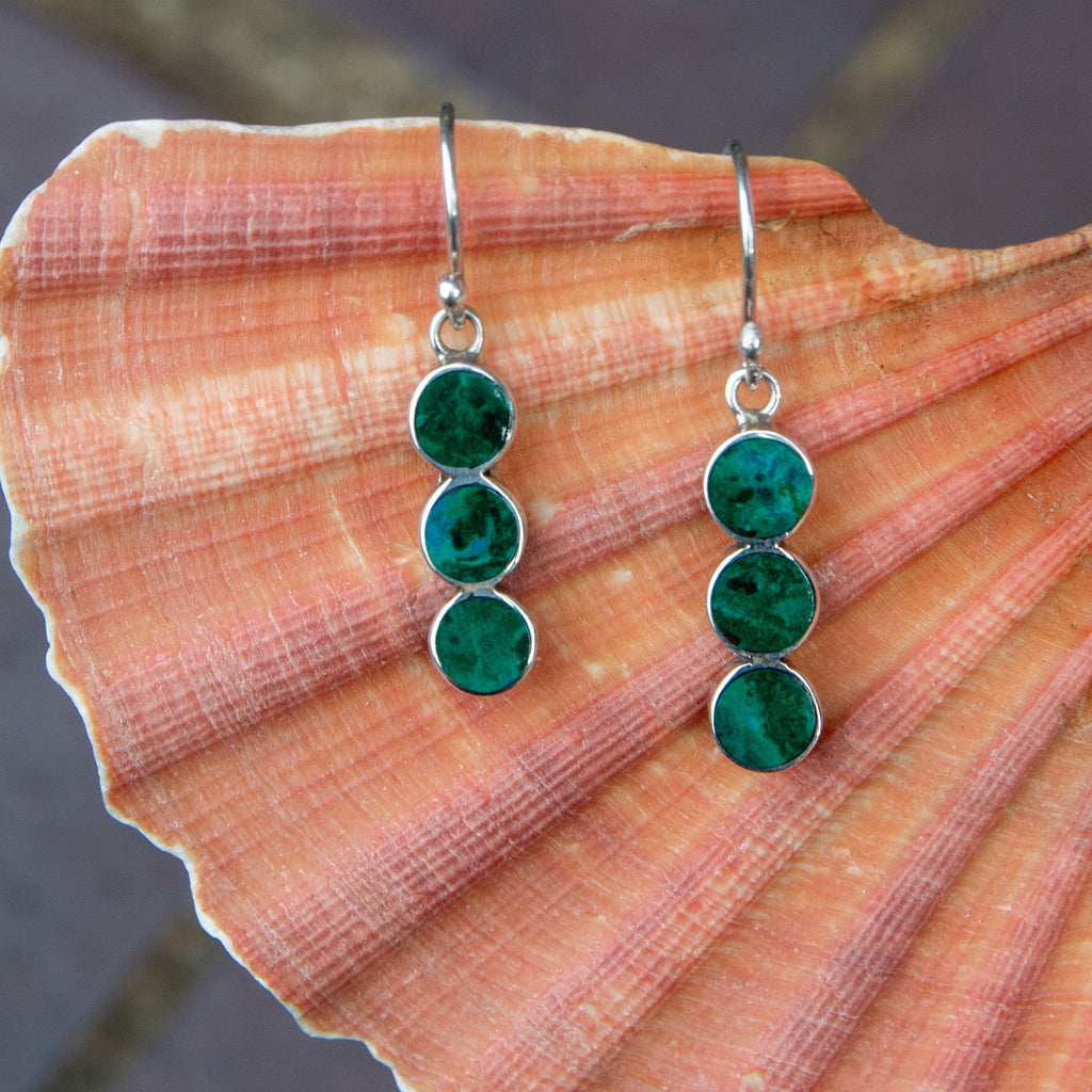 Chrysocolla earrings /// natural chrysocolla dangle earrings in sterling silver with moon crescents • one of outlet a kind gemstone • READY TO SHIP