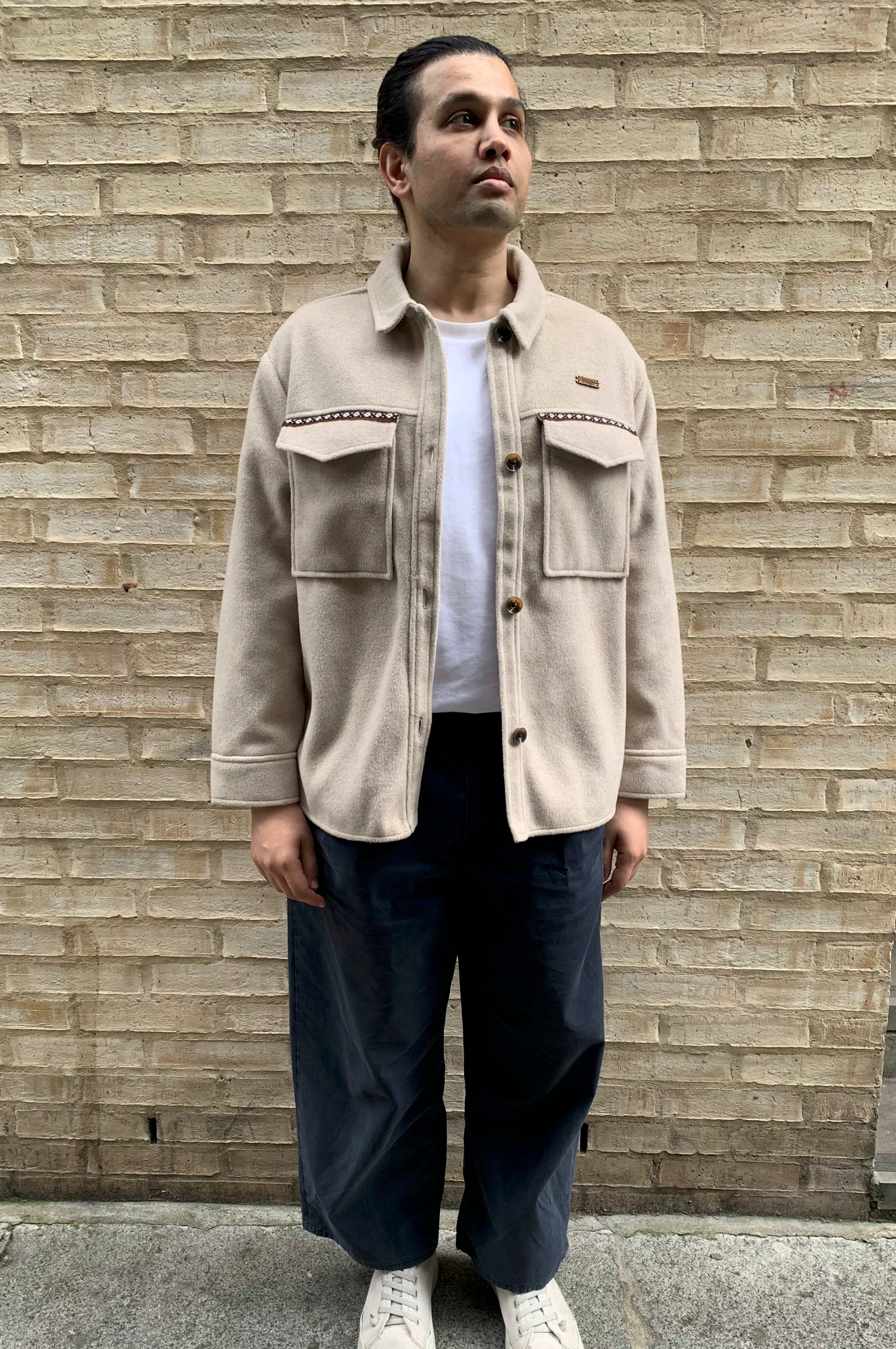 Unisex upcycled beige fleece shacket