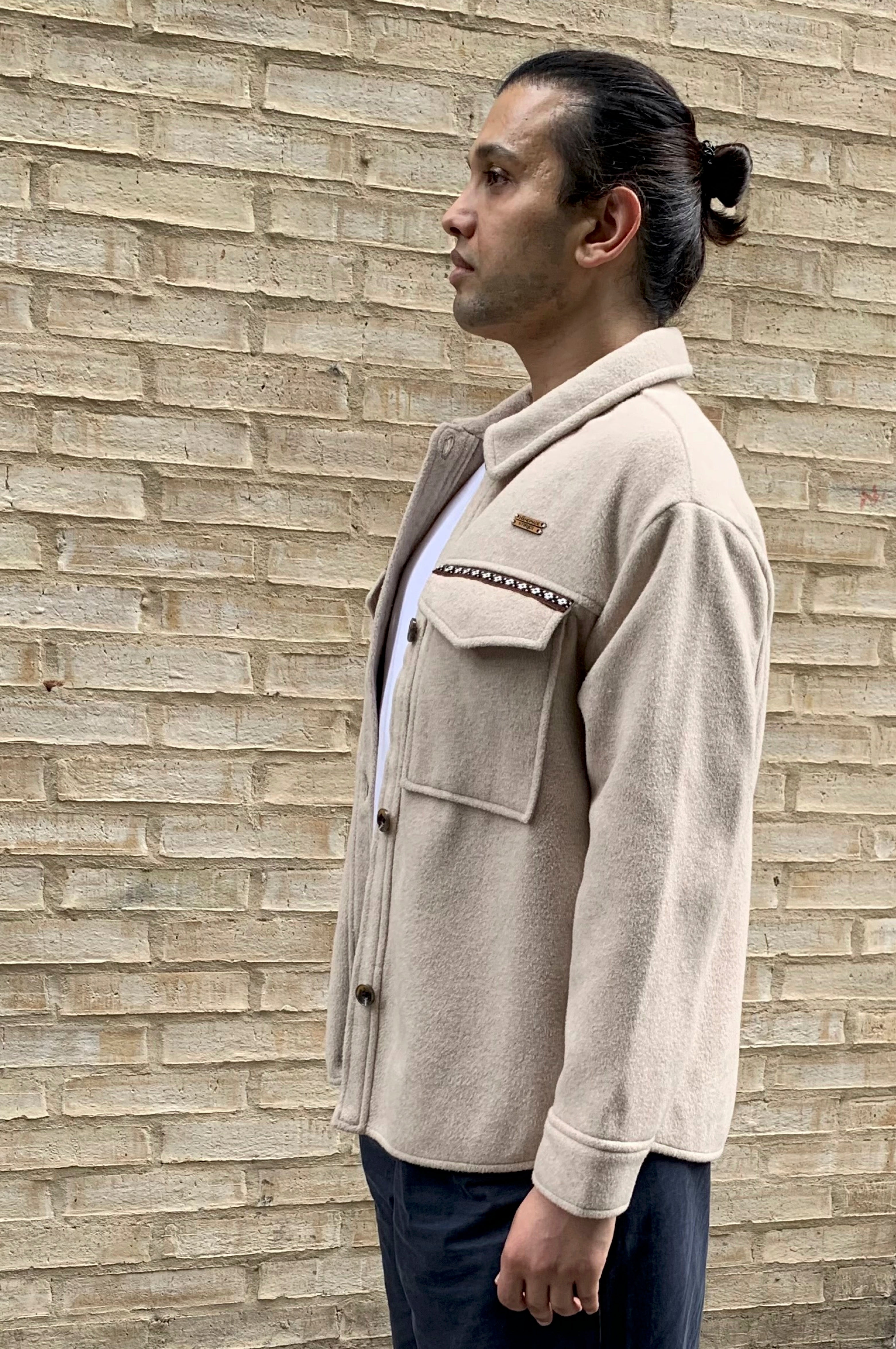 Unisex upcycled beige fleece shacket